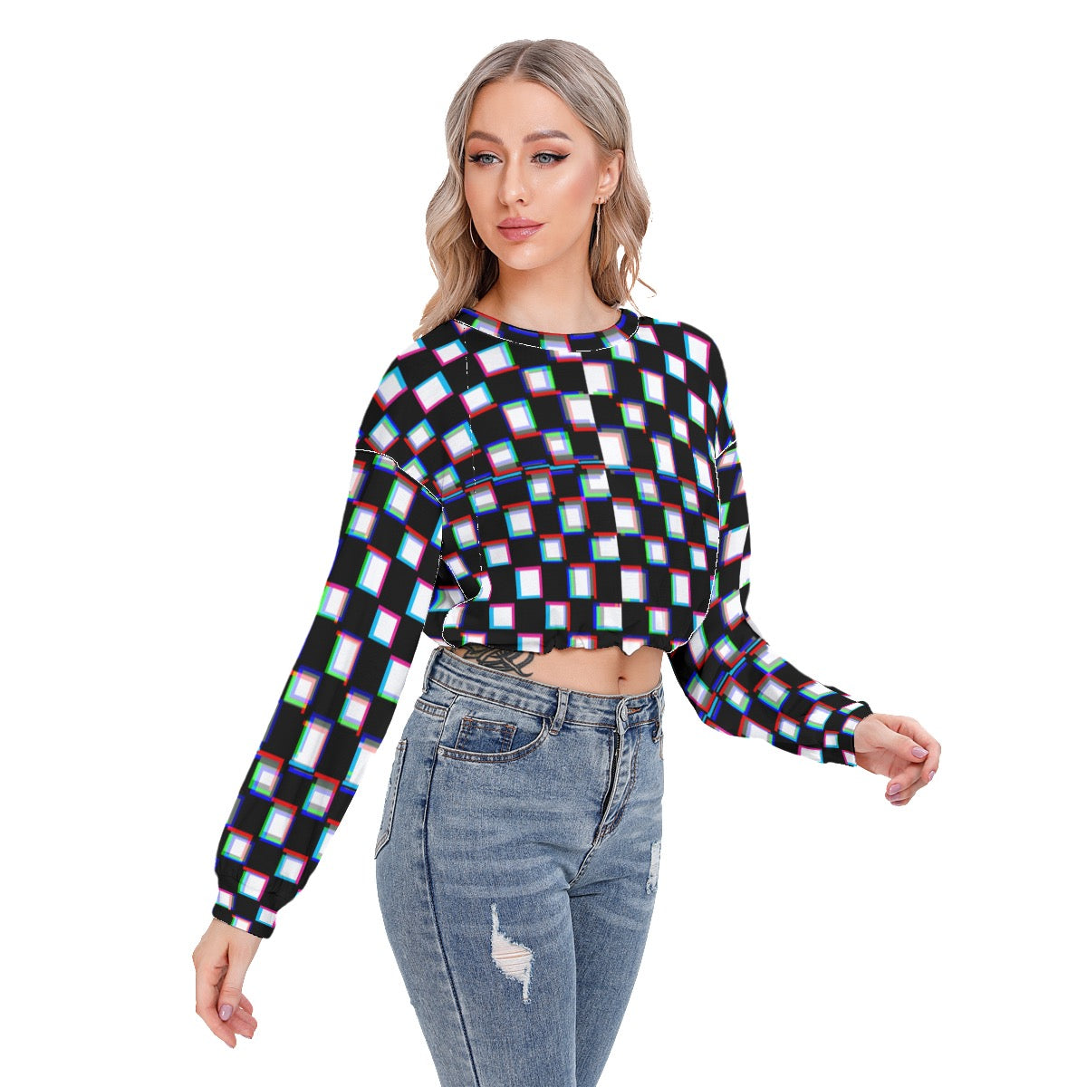 Glitch Grid Women's Long Sleeve Sweatshirt With Hem Drawstring