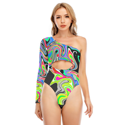 Psychedelic Melt Women's Long-sleeved Waist-cut Bodysuit With One-sleeve
