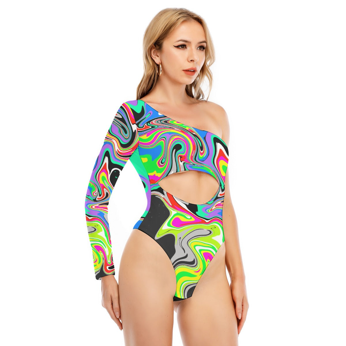 Psychedelic Melt Women's Long-sleeved Waist-cut Bodysuit With One-sleeve