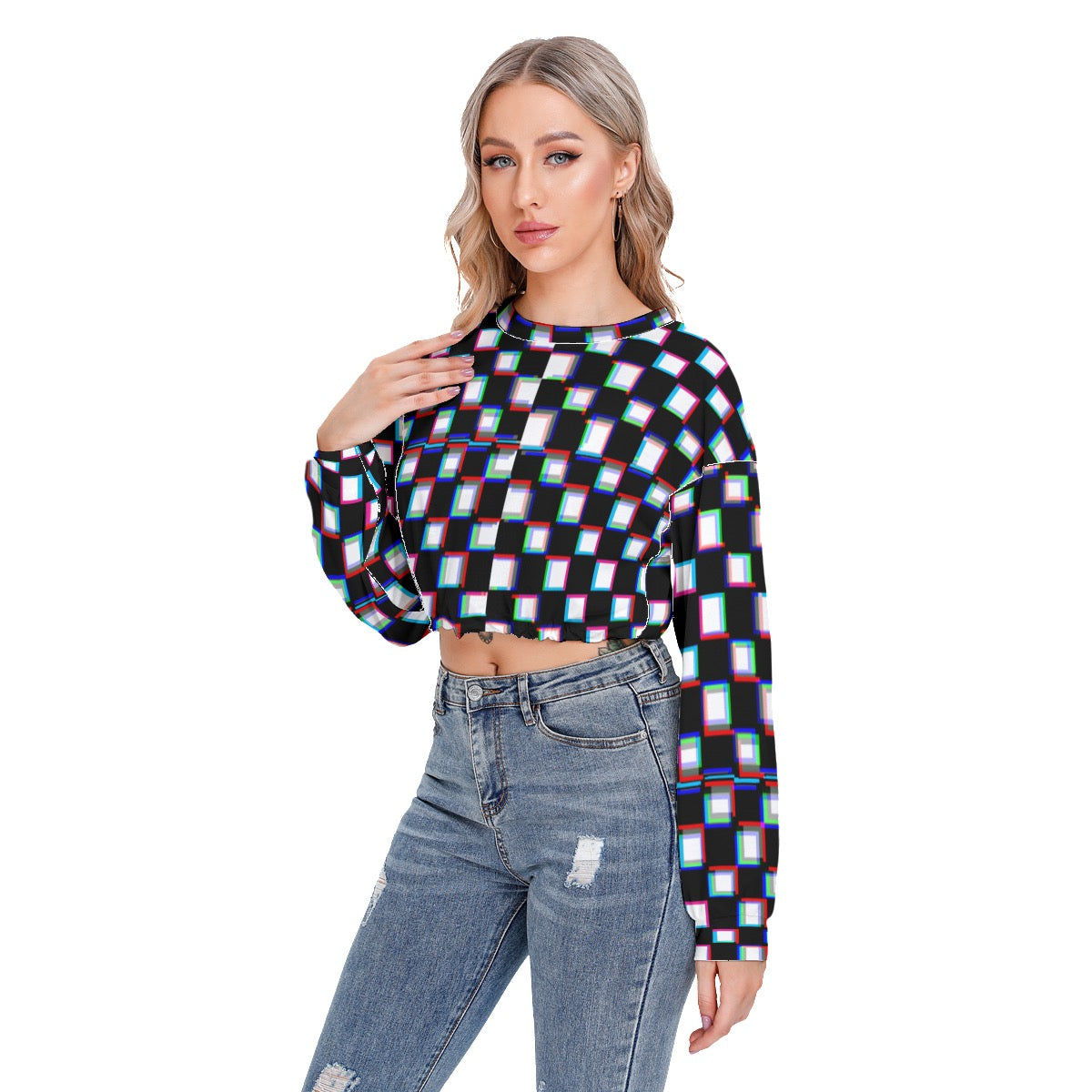 Glitch Grid Women's Long Sleeve Sweatshirt With Hem Drawstring